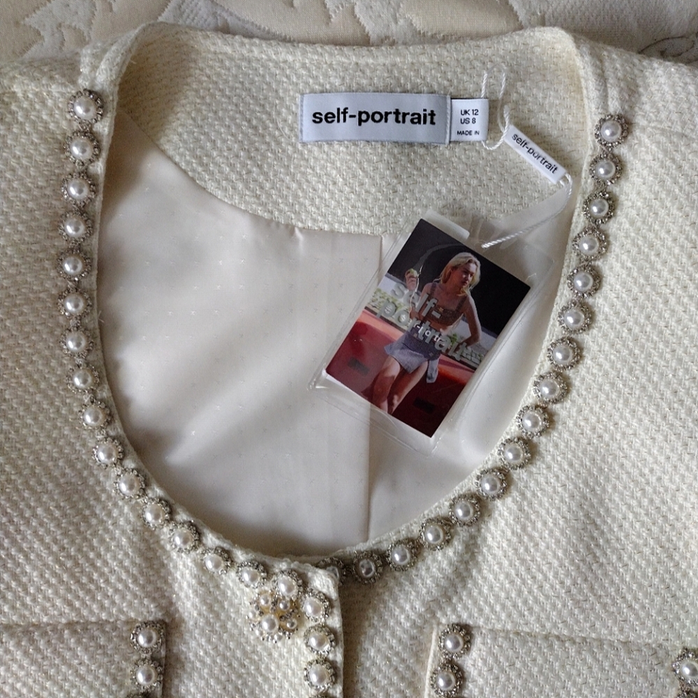 NWT Self-Portrait Boucle Tailored Mini Dress in Cream Women's size 8 - Picture 8 of 11